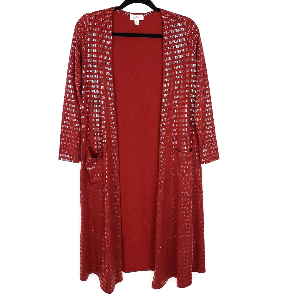 LULAROE Elegant Sarah Burgundy Red Silver Metallic Cardigan Duster Small